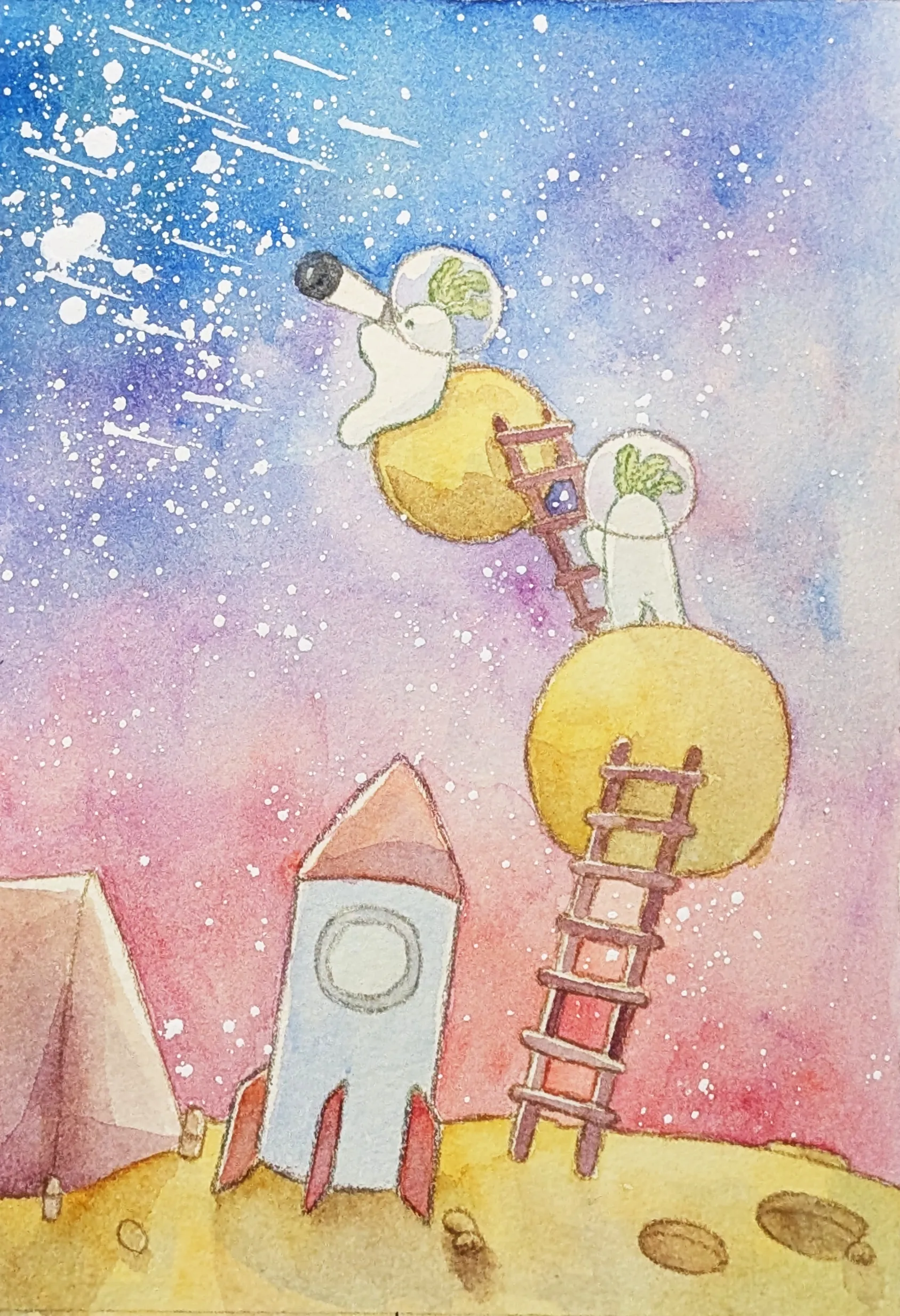 星空の下、はしごで月に登って望遠鏡をのぞく宇宙服姿の大根たちの水彩イラスト